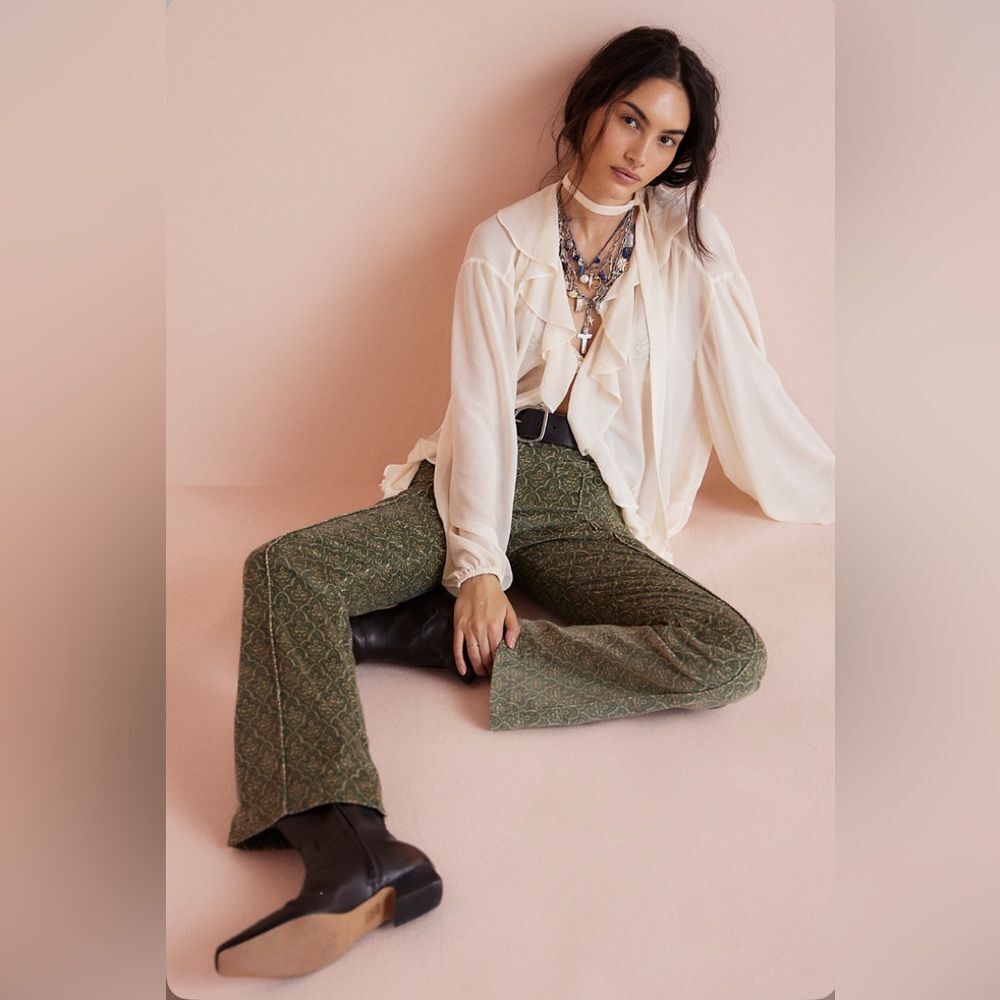 Free People City Line Slim Green Pattern Pants